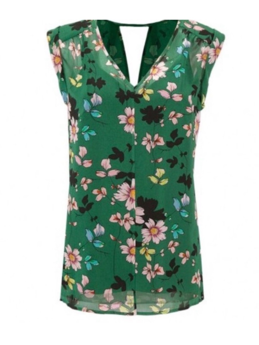Cabi green floral top with V-neck with attached black tank; size large